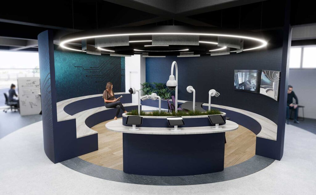 visualização tridimensional de um espaço concentrico com bancada e área expositiva